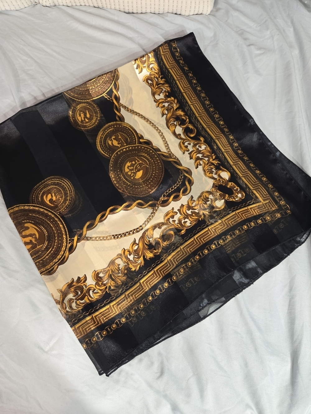 Women's XL Scarf Approx 42x40" Black And Gold Coin Detail